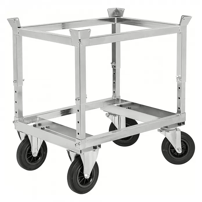 Kongamek Palettenwagen Palettenwagen verzinkt und verschweißt höhenverstellbar 704mm hoch mit Br -  - Silberner Metallrahmenwagen mit verstellbaren Beinen und vier Rädern, ideal für Transport oder Stapelung.