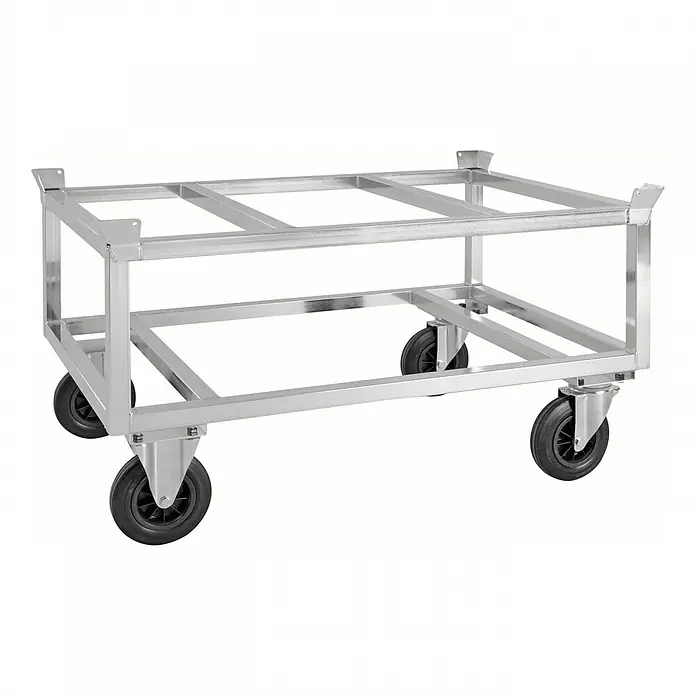 Kongamek Palettenwagen Palettenwagen verzinkt und verschweißt 700mm hoch mit Bremse für Paletten -  - Silbernes Metall-Rollgestell mit vier schwarzen Rädern zum Transport.
