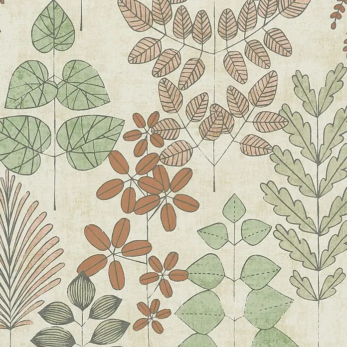 A.S. Création Nordic Feeling Vliestapete Blätter II - Grün-Rot, Uni, 10,05 x 0,53 m - Stilisiertes botanisches Muster aus verschiedenen Blättern in Grün, Pfirsich und Braun auf hellem, strukturiertem Grund.