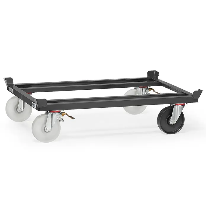 Fetra Palettenwagen Trolley für Routenzüge 1200x1000mm Paletten Grey Edition -  - Dunkelgrauer Metall-Transportrahmen mit vier Rollen, drei transparent und eine schwarz.