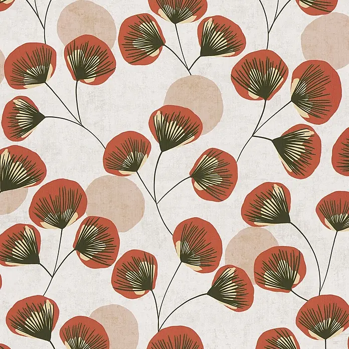A.S. Création Nordic Feeling Vliestapete Blätter I - Grau-Rosa, Floral, 10,05 x 0,53 m - Nahtloses Muster mit stilisierten rot-orangen Blumen und beigefarbenen Kreisen auf hellem, texturiertem Hintergrund.