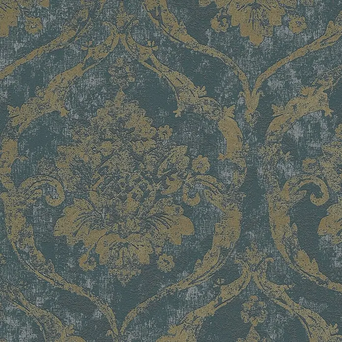 A.S. Création Metropolitan Stories Vibes & Styles Vliestapete Barock - Grün, Ornament, 10,05 x 0,53 m - Strukturierte Damast-Tapete in Dunkeltürkis und Altgold mit Used-Look-Muster.