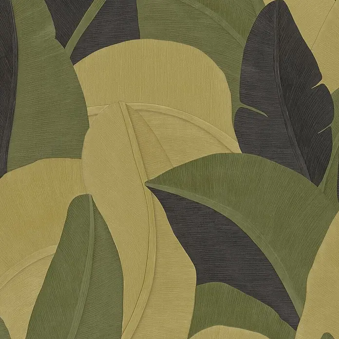 A.S. Création Metropolitan Stories Vibes & Styles Vliestapete Palme - Gelb-Grün, Floral, 10,05 x 0,53 m - Texturierte Tapete mit abstraktem Bananenblattmuster in Grün-, Gelbgrün- und Dunkelgrautönen.
