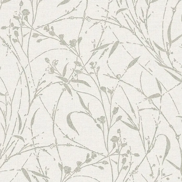 A.S. Création Metropolitan Stories Vibes & Styles Vliestapete Gräser I - Creme-Grün, Floral, 10,05 x 0,53 m - Cremefarbene Strukturtapete mit hellgrauem botanischem Muster aus zarten Zweigen, Blättern und kleinen Blüten.