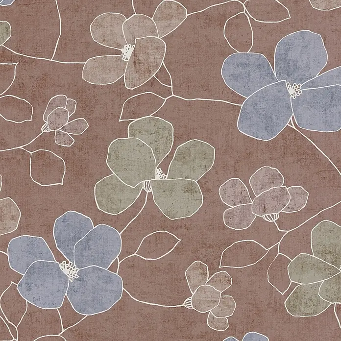 A.S. Création Nordic Feeling Vliestapete Floral - Braun-Rot, Floral, 10,05 x 0,53 m - Nahtloses Blumenmuster mit gedämpften blauen, grünen und rosa Blüten auf strukturiertem braunem Hintergrund.