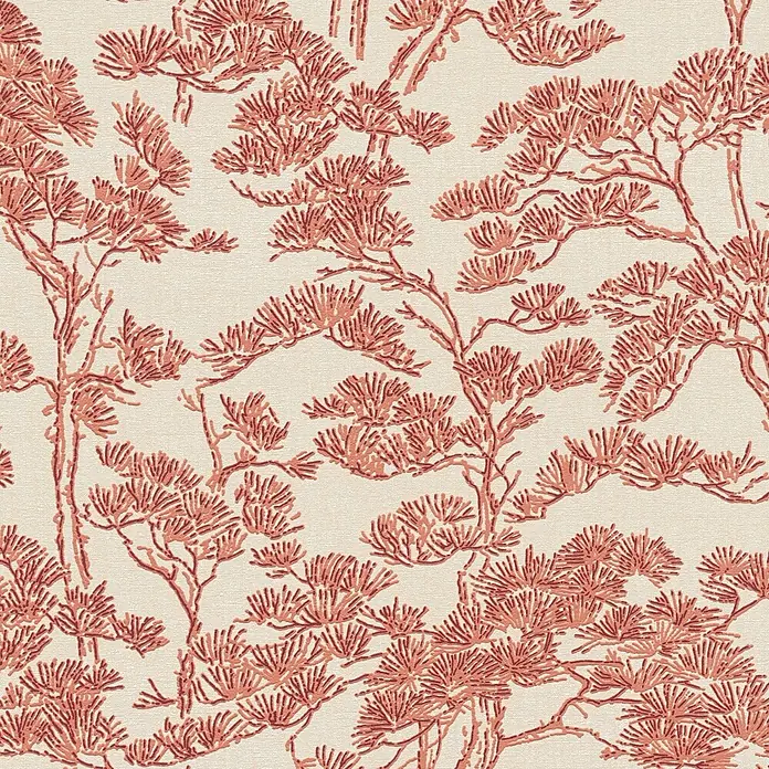 A.S. Création Metropolitan Stories Vibes & Styles Vliestapete Zen - Rot-Beige, Floral, 10,05 x 0,53 m - Terrakotta- und orangefarbenes Kiefernbaum-Muster auf strukturiertem beigefarbenem Stoff.