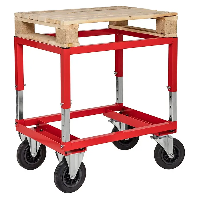 Kongamek Palettenwagen Palettenwagen in rot 654mm hoch, höhenverstellbar mit Bremse für Halbpale -  - Roter Metall-Palettenwagen mit Holztischplatte, höhenverstellbaren Beinen und schwarzen Rädern.