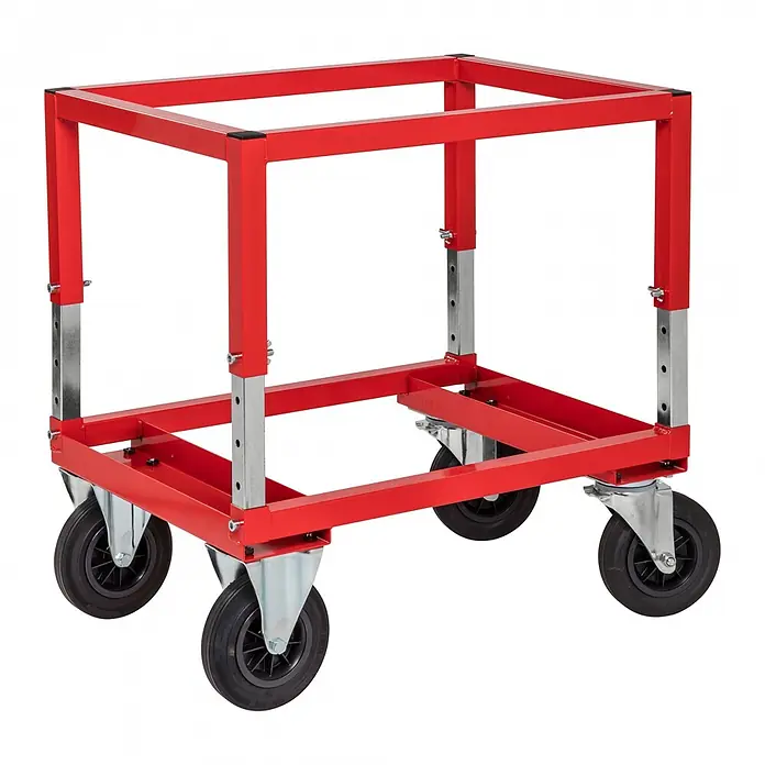 Kongamek Palettenwagen Palettenwagen in rot 654mm hoch, höhenverstellbar mit Bremse für Halbpale -  - Roter Metall-Vierkantwagen mit verstellbarer Höhe und vier schwarzen Rollen.
