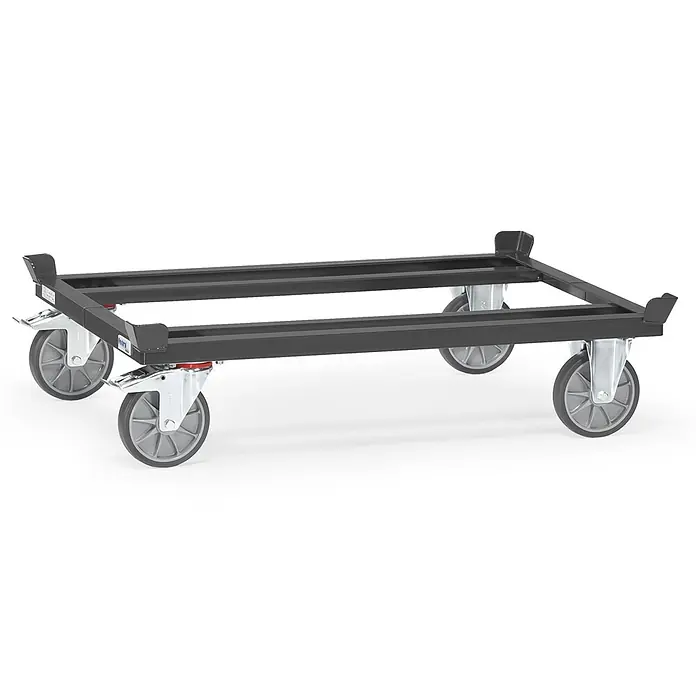 Fetra Palettenwagen Paletten-Fahrgestell mit TPE-Bereifung Grey Edition - L x B x H: 121 cm x 81 cm x 0,01 m - Schwarzer Stahl-Transportroller mit vier grauen Lenkrollen zum Bewegen von Gegenständen.