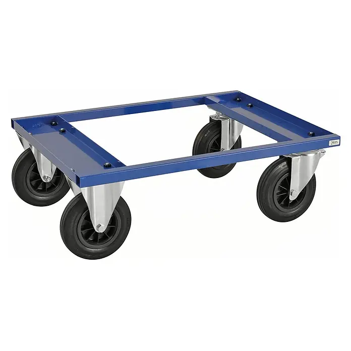 Kongamek Palettenwagen Palettenwagen in blau 270mm hoch mit Bremse für Halbpaletten 800x600mm -  - Blauer Metall-Transportrollerrahmen mit vier schwarzen Lenkrollen.