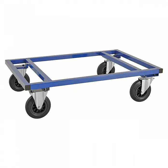 Kongamek Palettenwagen Palettenwagen in blau 305mm hoch ohne Bremse für Euro-Paletten 1200x800mm -  - Blauer Metallrahmen-Rollwagen mit vier schwarzen Rädern.