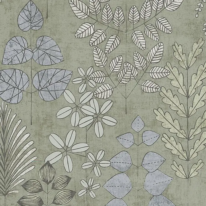 A.S. Création Nordic Feeling Vliestapete Blätter II - Grün-Blau, Uni, 10,05 x 0,53 m - Texturiertes botanisches Muster mit stilisierten Blättern in Blau-Grau, Weiß und Hellgrün.