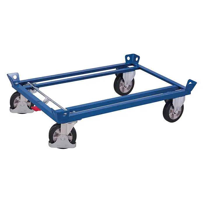 Variofit Palettenwagen Palettenfahrgestell für Gitterboxen/Europaletten mit Elastikvollgummiberei -  - Blauer Transportroller aus Metall mit vier Lenkrollen, zwei davon mit roten Fußbremsen. Zum Bewegen von Waren.