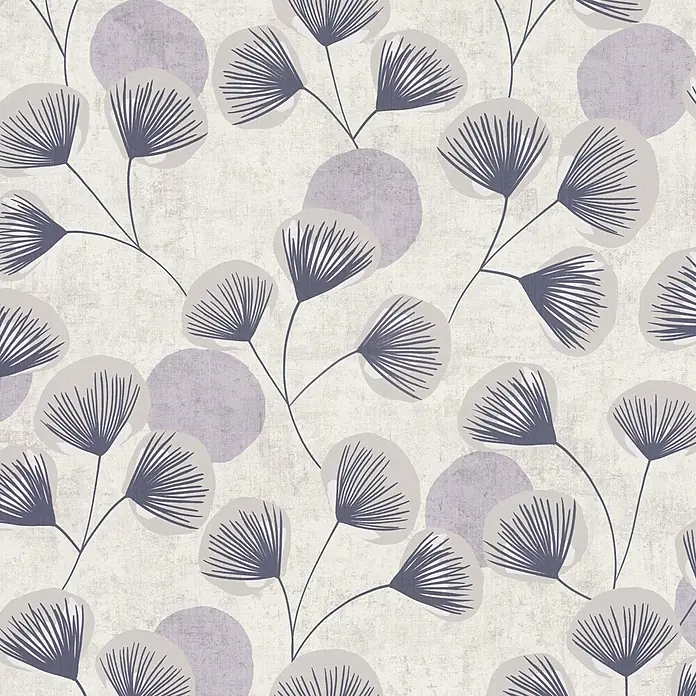A.S. Création Nordic Feeling Vliestapete Blätter I - Grau-Blau, Floral, 10,05 x 0,53 m - Tapete mit botanischem Muster, stilisierten dunkelvioletten Fächerblättern und verstreuten violetten Kreisen auf hellem, texturiertem Grund.