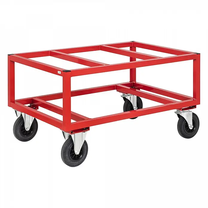 Kongamek Palettenwagen Palettenwagen in rot 650mm hoch mit Bremse für Paletten 1200x1000mm -  - Roter Metall-Schwerlastroller mit offenem Rahmen und vier schwarzen Rädern.