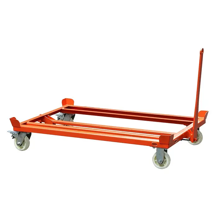 Schefer Palettenwagen Palettenfahrgestell PFG Premium für Gitterboxen und Europaletten 1000kg Tr -  - Orangefarbener industrieller Metallwagen mit vier weißen Rollen und einem langen Griff.