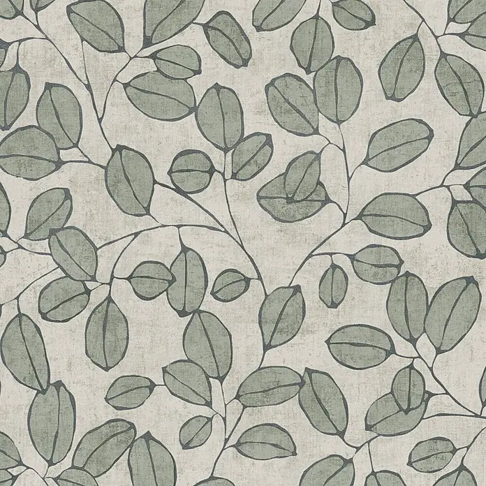 A.S. Création Nordic Feeling Vliestapete Blätter III - Grau-Grün, Floral, 10,05 x 0,53 m - Texturiertes botanisches Muster mit gedämpften grünen Blättern und dunklen Ästen.