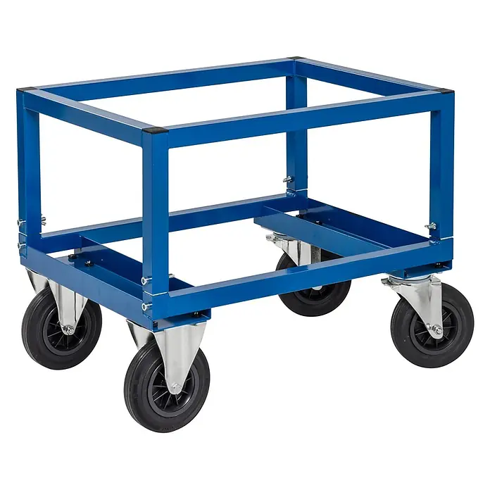 Kongamek Palettenwagen Palettenwagen in blau 650mm hoch mit Bremse für Halbpaletten 800x600mm -  - Blauer Metallrahmen mit vier schwarzen Rädern, als mobile Basis oder Wagen.