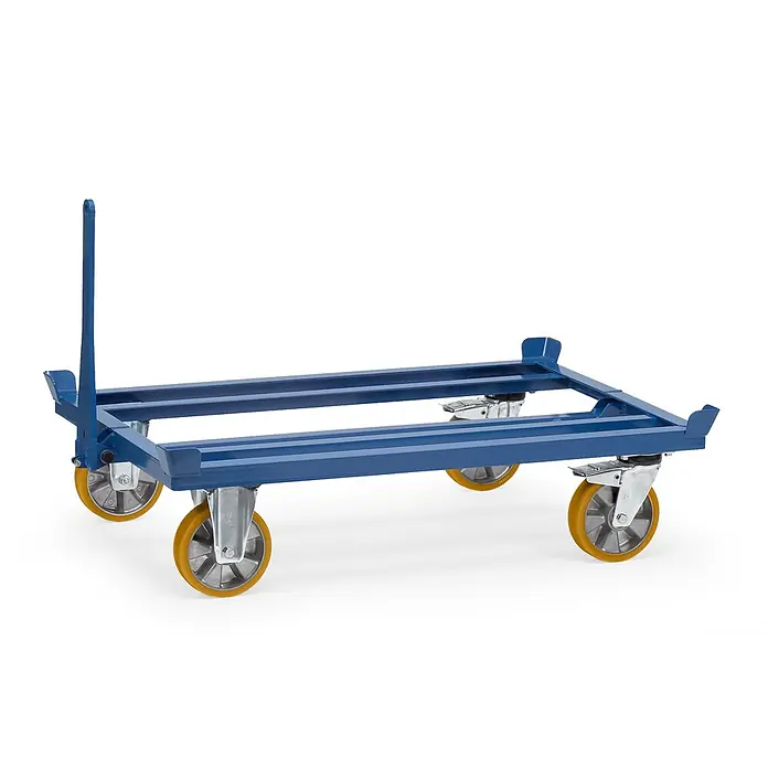 Fetra Palettenwagen Paletten Fahrgestell als Routenzug für Gitterboxen und Flachpaletten - L x B x H: 125,5 cm x 85,5 cm x 0,01 m - Blauer Metall-Rollwagen mit gelben Rädern und Griff, zum Transport von Gegenständen.