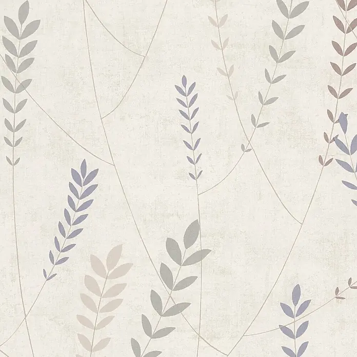 A.S. Création Nordic Feeling Vliestapete Skandi - Beige-Blau, Floral, 10,05 x 0,53 m - Botanische Tapete mit stilisierten grauen, lavendelfarbenen und taupefarbenen Blättern auf dünnen Stielen.