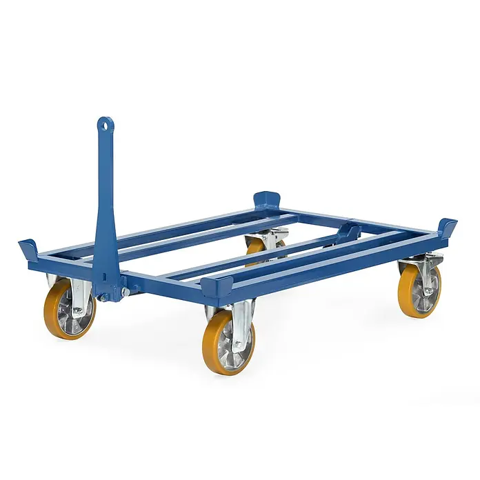 Fetra Palettenwagen Paletten Fahrgestell als Routenzug für Gitterboxen und Flachpaletten - L x B x H: 125,5 cm x 85,5 cm x 0,01 m - Blauer Metall-Transportroller mit vier gelben Rollen und einem aufrechten Griff zum Ziehen oder Stapeln.