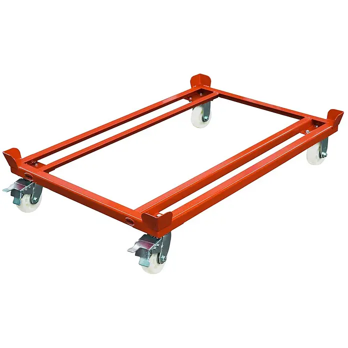 Schefer Palettenwagen Palettenfahrgestell PFG Premium für Gitterboxen und Europaletten 1000kg Tr - L x B x H: 1.242 cm x 842 cm x 0,26 m - Roter Metallrahmen mit vier Lenkrollen, zwei davon mit Bremsen, zum Transportieren von Gegenständen.