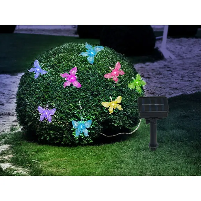 Globo Solar-Lichterkette Schmetterling - LED - Die Solar-Lichterkette mit bunten Schmetterlingen schmückt jeden Garten. Ideal für Büsche und Bäume, sorgt sie für eine tolle Atmosphäre.