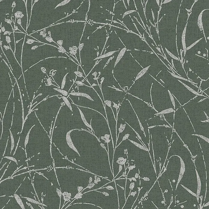 A.S. Création Metropolitan Stories Vibes & Styles Vliestapete Gräser I - Grün-Grau, Floral, 10,05 x 0,53 m - Dunkelgrüne Tapete mit weißem, strukturiertem botanischem Muster und feiner Textilstruktur.
