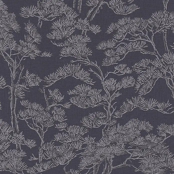 A.S. Création Metropolitan Stories Vibes & Styles Vliestapete Zen - Grau, Floral, 10,05 x 0,53 m - Dunkelgraues Muster aus stilisierten hellgrauen Kiefernästen und Nadeln.