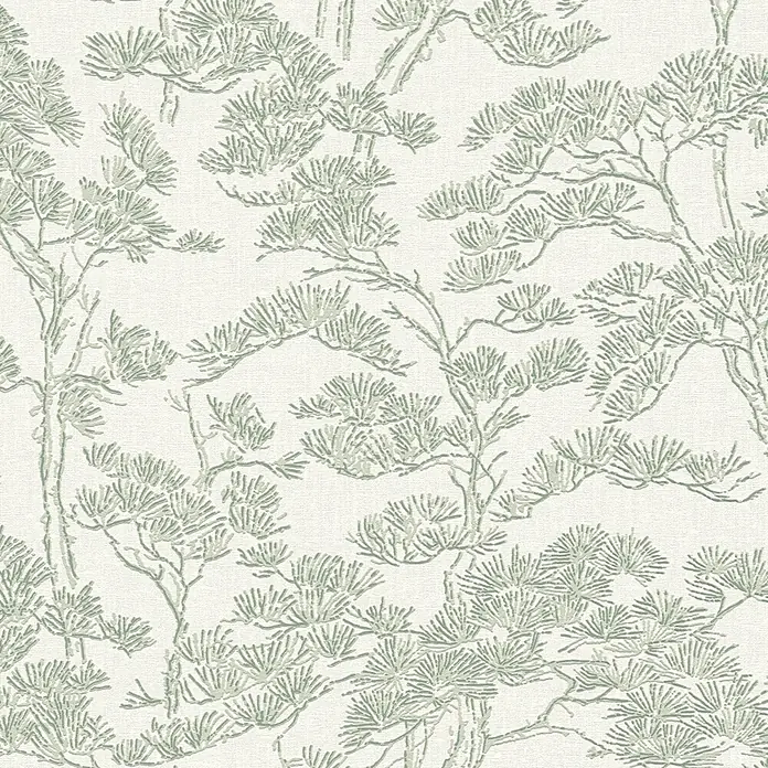 A.S. Création Metropolitan Stories Vibes & Styles Vliestapete Zen - Grün-Weiß, Floral, 10,05 x 0,53 m - Grüne stilisierte Kiefernbaum-Muster Tapete.