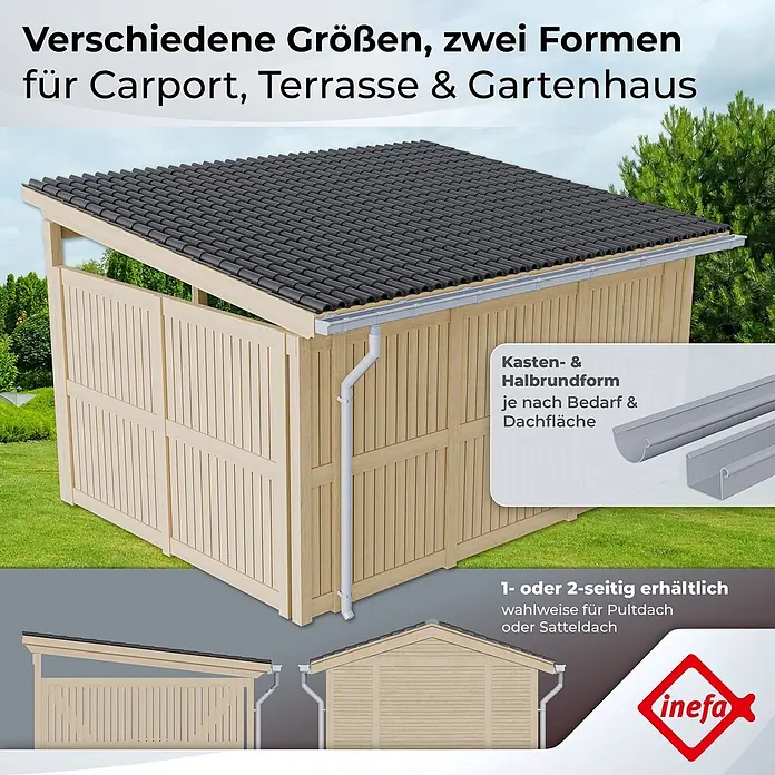 Inefa Kastendachrinne 2x Set 5m PVC NW68 / 68mm Weiß - Nennweite: 68 mm, Kunststoff, Weiß - Helles Holz-Gartenhaus/Carport mit dunklem Ziegeldach und silbernem Regenrinnensystem, mit Pultdach und Optionen für verschiedene Dach- und Rinnenformen.