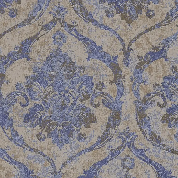 A.S. Création Metropolitan Stories Vibes & Styles Vliestapete Barock - Blau-Braun, Ornament, 10,05 x 0,53 m - Vintage-Damastmuster mit blauen und braun-goldenen Blumenmotiven auf strukturiertem beigem Hintergrund.
