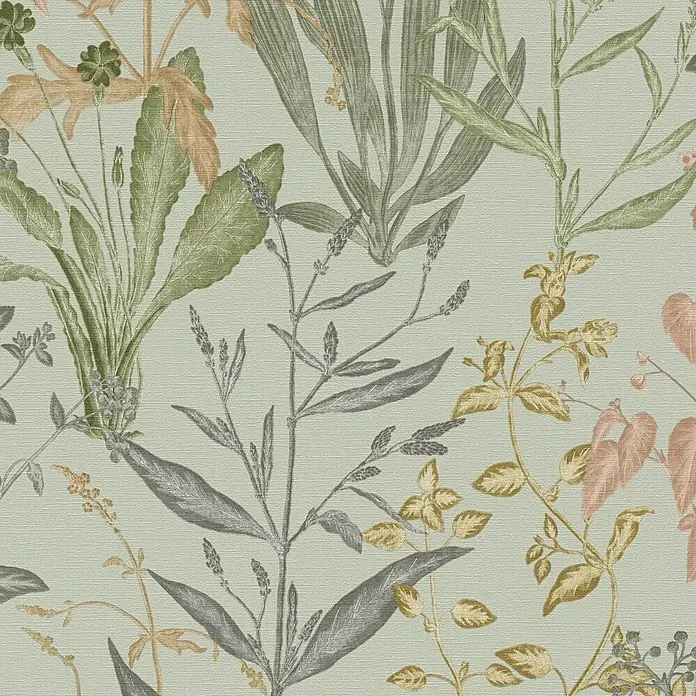 A.S. Création Metropolitan Stories Vibes & Styles Vliestapete Gräser - Grün-Grau, Floral, 10,05 x 0,53 m - Hellegrüne, strukturierte Botanik-Tapete mit Blättern in Grün-, Braun-, Grau- und Rosatönen.
