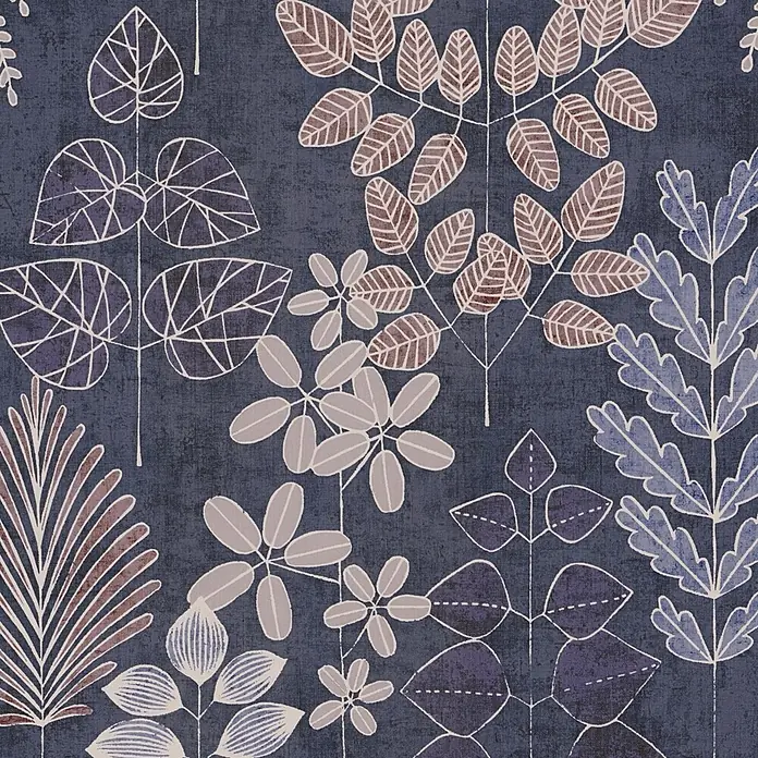 A.S. Création Nordic Feeling Vliestapete Blätter II - Blau-Lila, Uni, 10,05 x 0,53 m - Stilisiertes botanisches Muster mit Blättern in Lila, Braun, Blau und Hellgrau auf dunkelblau-grauem Hintergrund.