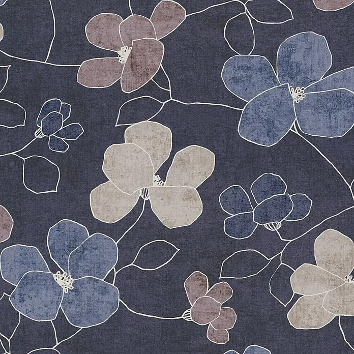 A.S. Création Nordic Feeling Vliestapete Floral - Blau-Grau, Floral, 10,05 x 0,53 m - Nahtloses Blumenmuster mit texturierten blauen, violetten und beigen Blumen, weiß umrandet, auf dunkelblauem Hintergrund.