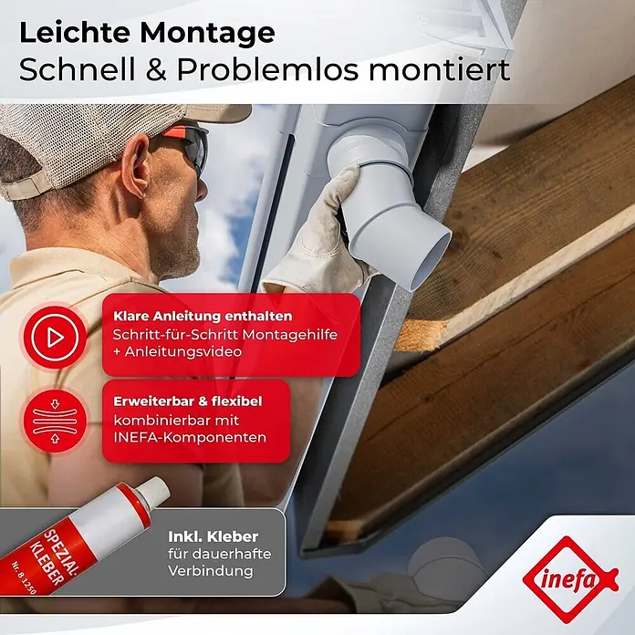 Inefa Kastendachrinne 2x Set 5m PVC NW68 / 68mm Weiß - Nennweite: 68 mm, Kunststoff, Weiß - Eine Person montiert weiße Kunststoff-Dachrinnenkomponenten am Dach, betont einfache Montage und mitgelieferten Kleber für dauerhafte Verbindung.