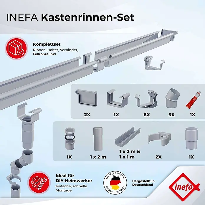 Inefa Kastendachrinne 3m Set PVC NW83 / 83mm für Gartenhaus, Carport Braun - Nennweite: 83 mm, Kunststoff, Braun - Graues Kunststoff-Kastenrinnenset mit Rinnen, Fallrohren, Verbindern, Haltern und Klebstoff.