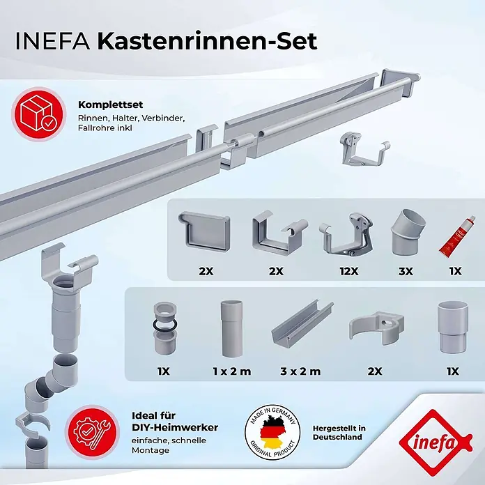 Inefa Kastendachrinne 6m Set PVC NW83 / 83mm für Gartenhaus, Carport Braun - Nennweite: 83 mm, Kunststoff, Braun - Ein komplettes, graues INEFA Kunststoff-Kastenrinnen-Set mit allen Befestigungs- und Fallrohrteilen für die DIY-Montage.