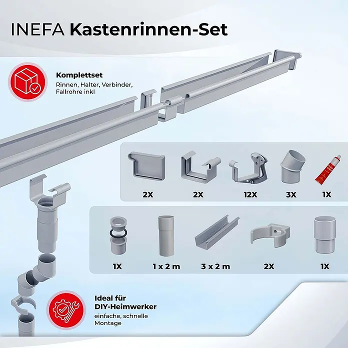 Inefa Kastendachrinne 6m Set PVC NW83 / 83mm für Gartenhaus, Carport Braun - Nennweite: 83 mm, Kunststoff, Braun - Komplettes Set aus hellgrauen Kunststoff-Kastenrinnen und Zubehör, inkl. Fallrohren, Haltern und Verbindern, ideal zur Selbstmontage.