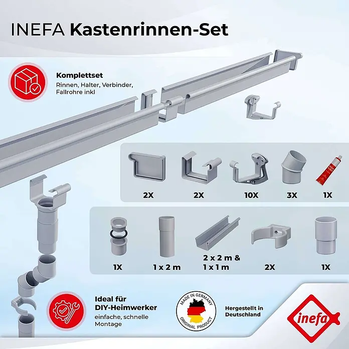 Inefa Kastendachrinne 5m Set PVC NW83 / 83mm für Gartenhaus, Carport Braun - Nennweite: 83 mm, Kunststoff, Braun - Graues INEFA Kastenrinnen-Set mit allen Komponenten für die Regenwasserableitung.