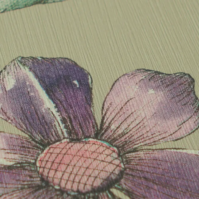 A.S. Création Pintwalls 3 Vliestapete Blüten - Grün-Lila, Floral, 10,05 x 0,53 m - Nahaufnahme von strukturiertem Material mit lila-rosa Blumenmuster.