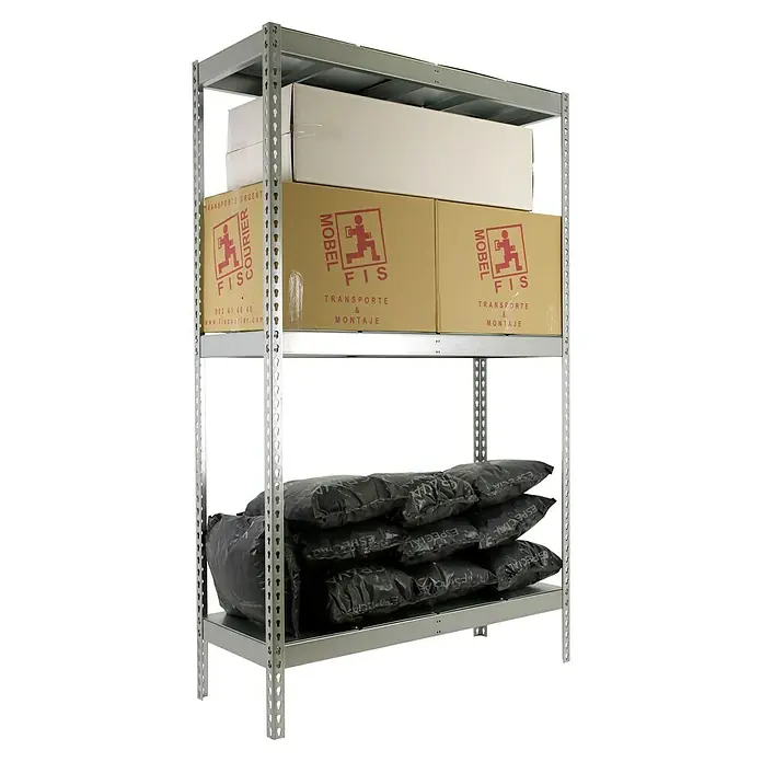 Simonrack Simonforte Schwerlastregal Simonforte Metall - H x B x T: 200 x 180 x 45 cm, Traglast pro Boden: 600 kg, Anzahl Böden: 3 Stk., Stecken, Silber/Silber - Ein dreistöckiges Lagerregal aus Metall, beladen mit Kartons und Säcken, die verschiedene Gegenstände enthalten.