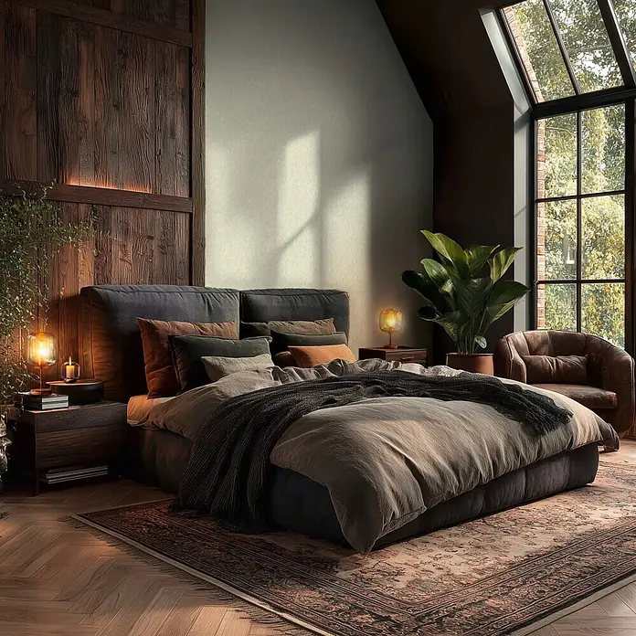 A.S. Création Metropolitan Stories Vibes & Styles Vliestapete Struktur - Grün-Metallic, Uni, 10,05 x 0,53 m - Gemütliches Schlafzimmer mit großem Bett, dunkler Bettwäsche, Holz Akzenten und großem Fenster.