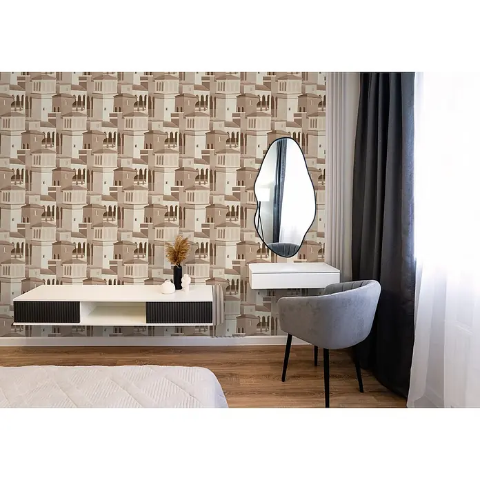 A.S. Création Pintwalls 3 Vliestapete Mediterran - Braun-Beige, Sonstiges, 10,05 x 0,53 m - Moderner Raum mit beiger und brauner Tapete mit Gebäudemuster, weißen Schwebeelementen.