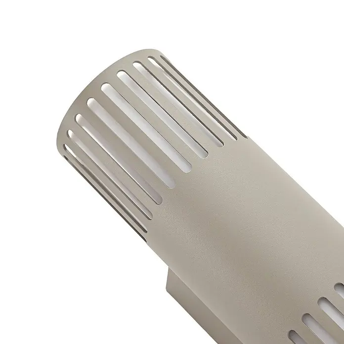 Lindby Wandleuchte aussen in grau, weiß, Aussenlampe Wand -  - Zylindrische Wandleuchte in mattem Grau/Beige mit vertikalen Lamellen und weißem Diffusor.