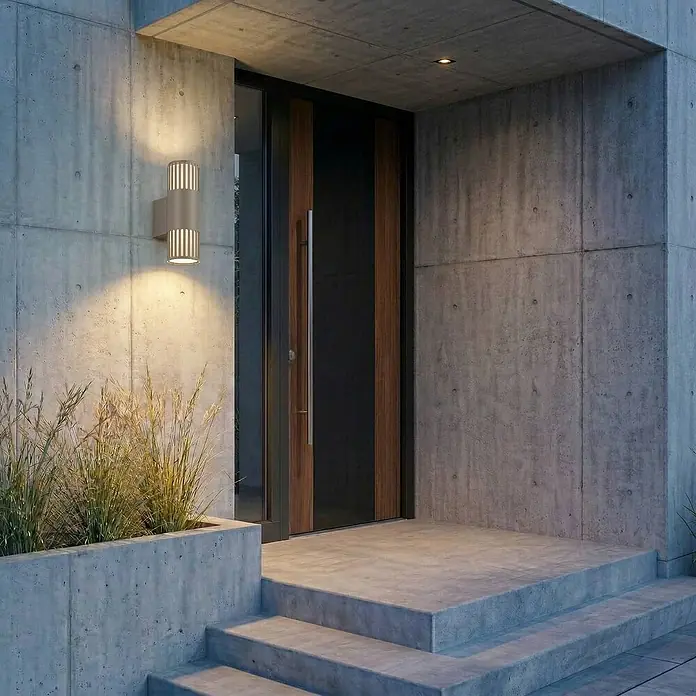 Lindby Wandleuchte aussen in grau, weiß, Aussenlampe Wand -  - Moderne, zylindrische Außenwandleuchte aus Metall an einer Betonwand, die warmes Licht nach oben und unten strahlt.