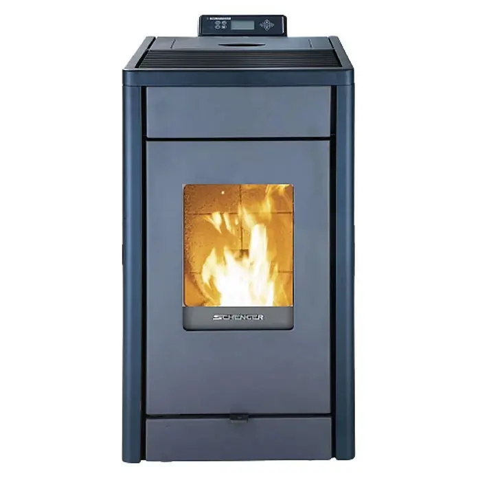 SCHENGER Pelletofen HP07 - 8 kW, Raumheizvermögen: 160 m³, 0,9 kg/h, Farbe Verkleidung: Dunkelgrau - Dunkelgrauer Pelletofen mit Glastür, die Flammen zeigt, und digitalem Bedienfeld oben.