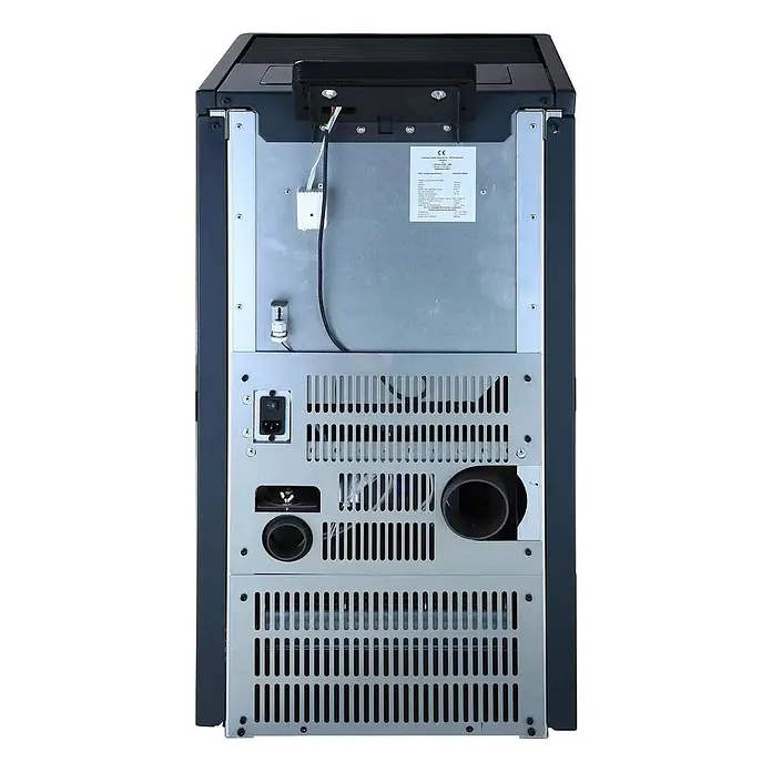 SCHENGER Pelletofen HP07 - 8 kW, Raumheizvermögen: 160 m³, 0,9 kg/h, Farbe Verkleidung: Dunkelgrau - Rückansicht eines schwarz-silbernen Heizgeräts mit Anschlüssen, Gittern und Netzschalter.