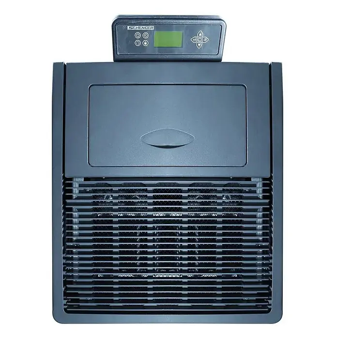 SCHENGER Pelletofen HP07 - 8 kW, Raumheizvermögen: 160 m³, 0,9 kg/h, Farbe Verkleidung: Dunkelgrau - Dunkelgrauer industrieller Luftentfeuchter mit oben angebrachtem digitalen Bedienfeld und unteren Luftgittern.