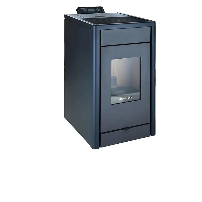 SCHENGER Pelletofen HP07 - 8 kW, Raumheizvermögen: 160 m³, 0,9 kg/h, Farbe Verkleidung: Dunkelgrau - Eleganter dunkelgrauer Pelletofen mit Glassichtscheibe und digitalem Bedienfeld oben.